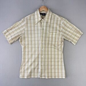 VIntage 70s Joel Cali Disco Shirt Mens Medium Beige Plaid Short Sleeve Retro USA